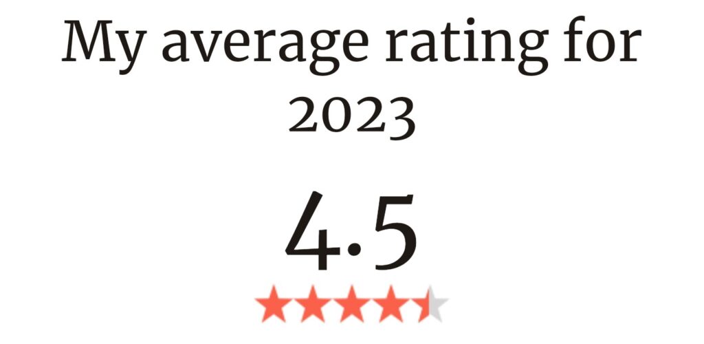 My average rating for 2023. 4.5 stars. Image of 5 stars colored in with orange.